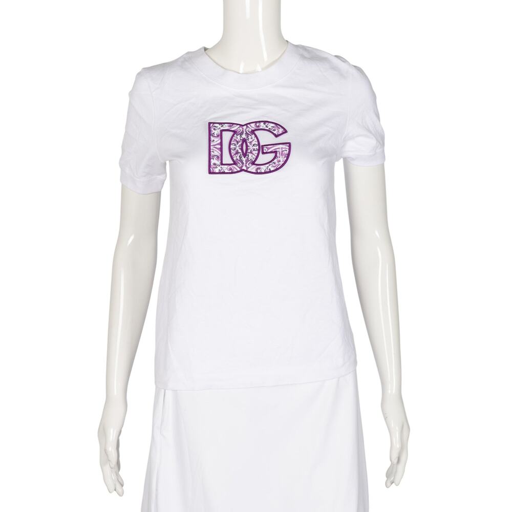 DOLCE & GABBANA White Cotton Floral Logo T-Shirt Size S